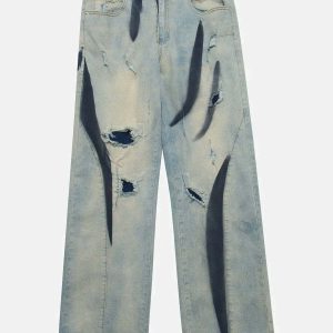 waterwashed hole jeans urban retro denim essential 7872