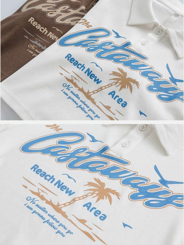 youthful coconut tree polo edgy  retro beachwear shirt 8495