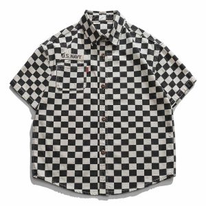 youthful retro short sleeve shirt edgy lattice decal design 2840